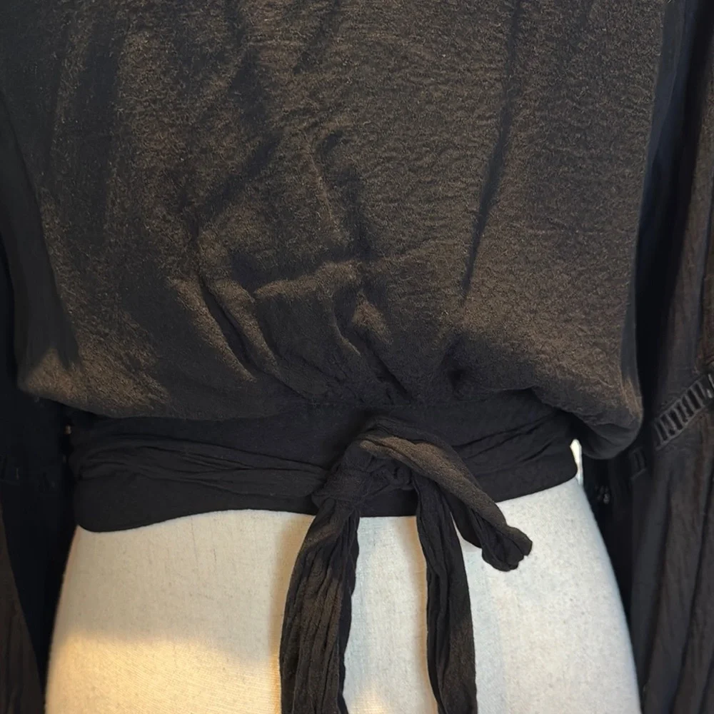 Free People Black Puff Sleeve Wrap Blouse